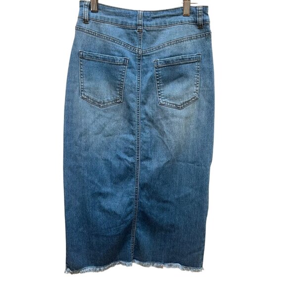 Azy‎ Distressed Denim Pencil Skirt Blue Front Slit Frayed Hem Boho Festival S - Picture 2 of 3